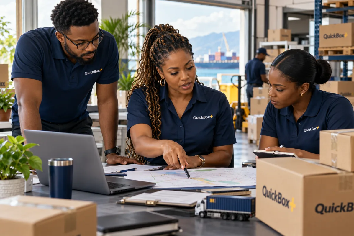 Illustrative scene of a Jamaican logistics team reviewing shipping plans