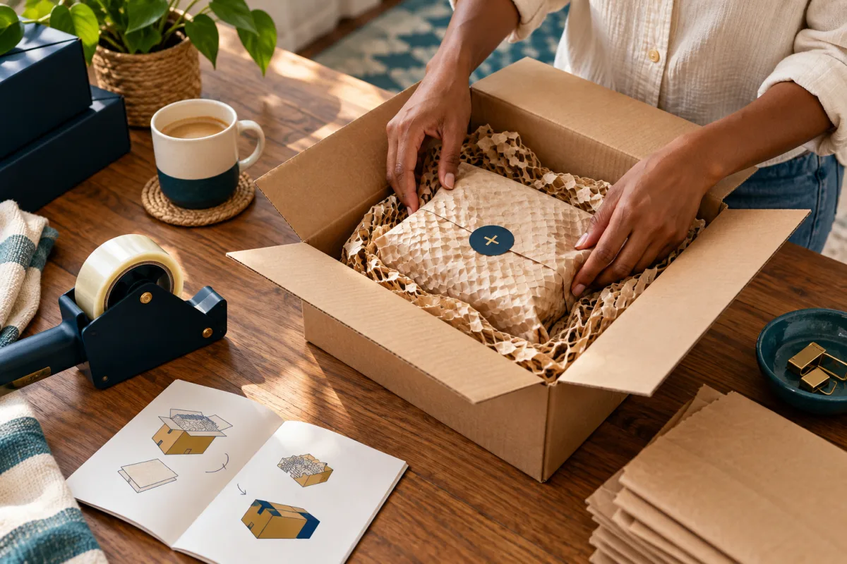 Packing supplies and a guide beside an open shipping box