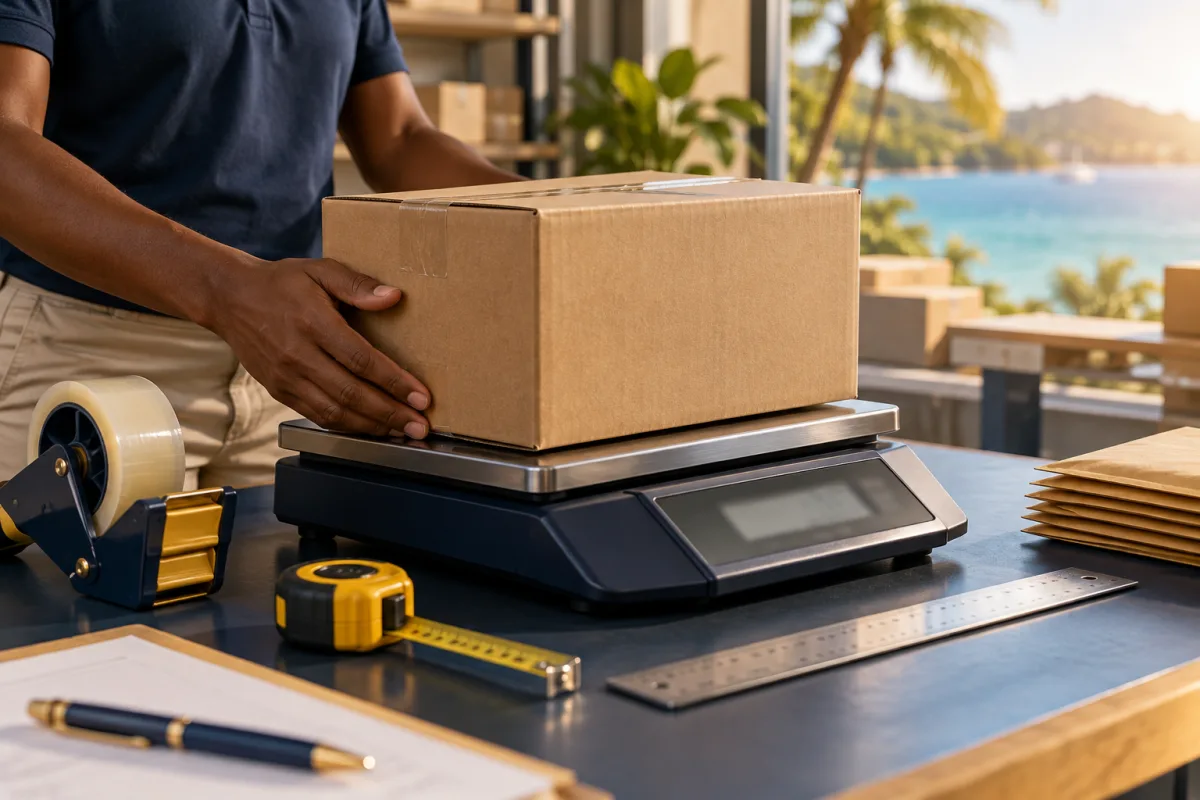 Shipping parcel on a scale beside a measuring tape