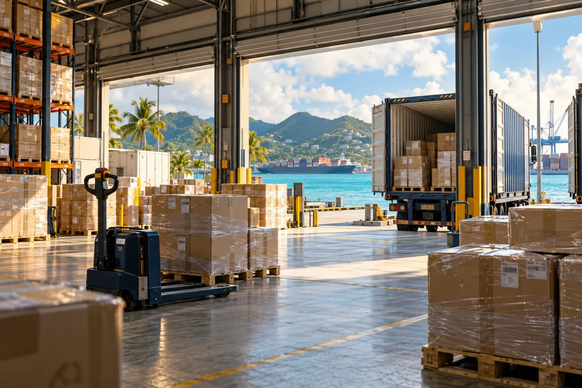 Freight parcels being prepared in a bright consolidation warehouse
