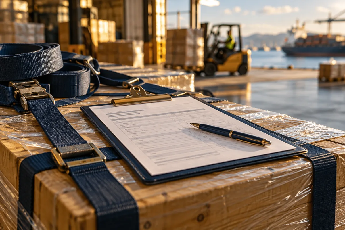 Shipping manifest and pen beside a freight crate